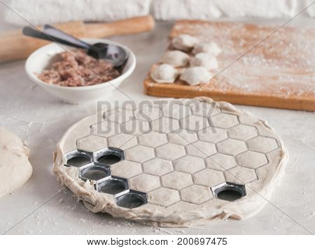 Process of making russian pelmeni, ravioli or dumplings with meat on white table. Homemade uncooked pelmeni and ingredients. Copy space