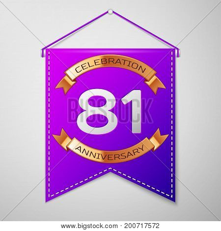 Realistic Purple pennant with inscription Eighty one Years Anniversary Celebration Design on grey background. Golden ribbon. Colorful template elements for your birthday party. Vector illustration