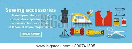 Sewing accessories banner horizontal concept. Flat illustration of sewing accessories banner horizontal vector concept for web