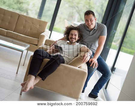 Gay Couple Love Home Concept. gay couple enjoying leisure time in living room