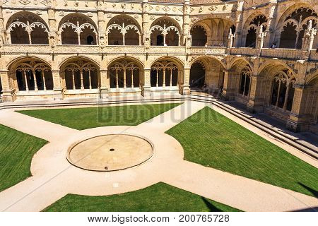 Mosterio Dos Jeronimos Interior Courtyard In Lisbon Portugal During Tourist Season Summer August 201