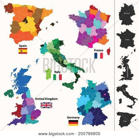 Spain, Italy, France, Germany, United Kingdom regions map