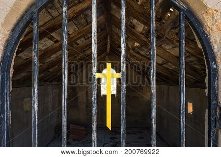 Traditional Cross on Gate Ancient Cathedral Tribunj Croatia