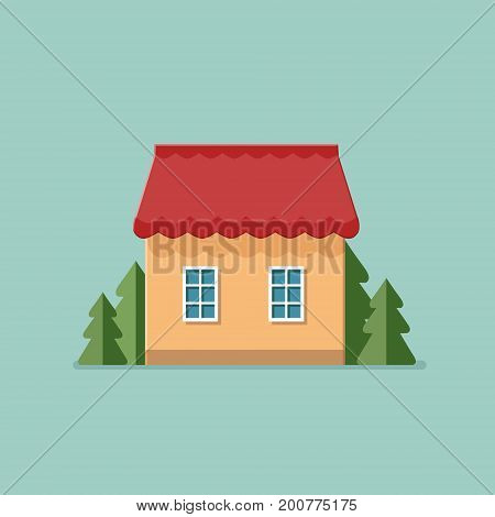 Graphic Decorative house. Landscape in a minimalist style against the background of trees. Buying selling a hut. Flat Vector illustration.