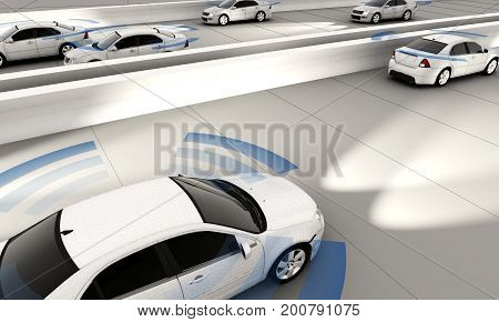 Autonomous cars on a road with visible connection 3d Rendering