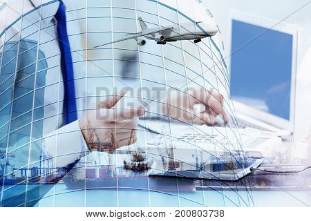 Multi exposure of seaport and businessman with telephone receiver. Wholesale and logistic concept