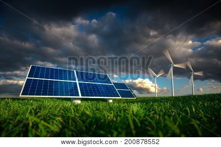 Renewable Energy Concept - Photovoltaics And Wind Turbines On A Grass Filed. 3D Illustration.