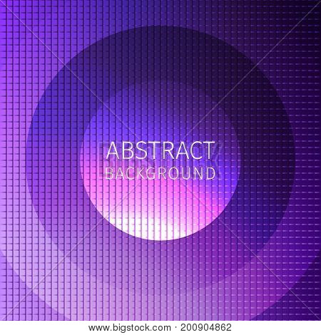 Purple abstract background of many squares with superimposed circles and an inscription