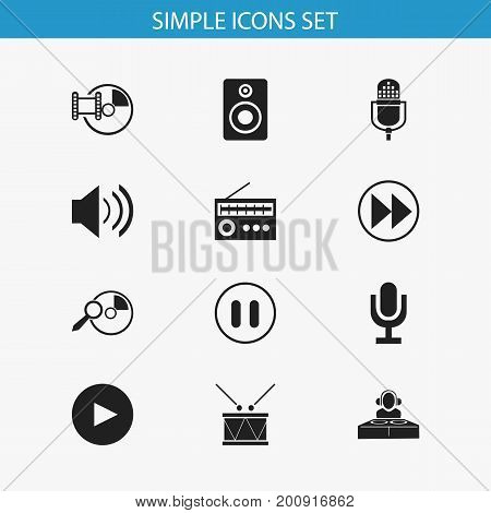 Set Of 12 Editable Media Icons. Includes Symbols Such As Play Button, Rewind, Stop And More