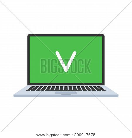 Laptop with check mark on green screen. Ok concept icon. Vector illustration in flat style isolated on white background
