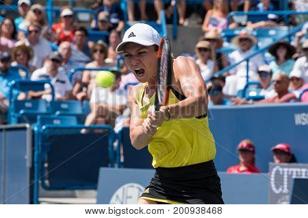 Mason Ohio - August 20 2017: Simona Halep in the championship match at the Western and Southern Open tennis tournament in Mason Ohio on August 20 2017.