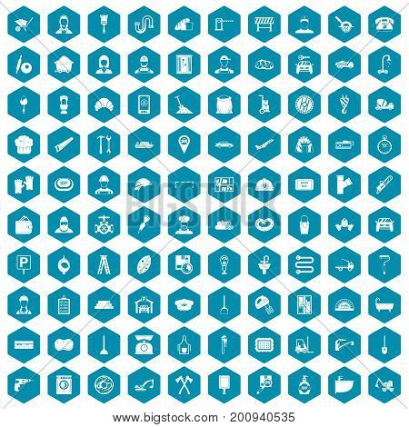 100 working professions icons set in sapphirine hexagon isolated vector illustration