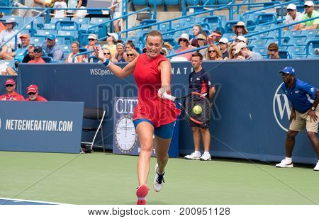 Mason Ohio - August 14 2017: Petra Kvitova in a first round match at the Western and Southern Open tennis tournament in Mason Ohio on August 14 2017.