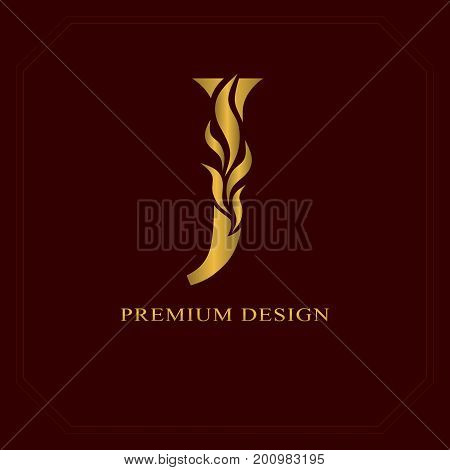 Gold Elegant Letter J. Graceful Style. Calligraphic Beautiful Logo. Vintage Drawn Emblem For Book De