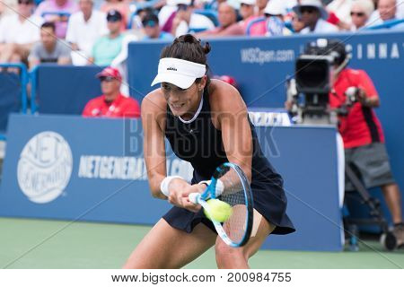 Mason Ohio - August 20 2017: Garbine Muguruza in the championship match at the Western and Southern Open tennis tournament in Mason Ohio on August 20 2017.