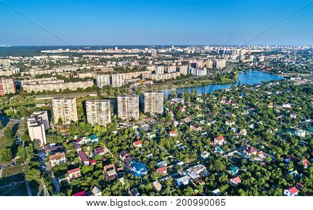 Aerial view of Raiduzhnyi and Voskresenka district of Kiev, the capital of Ukraine