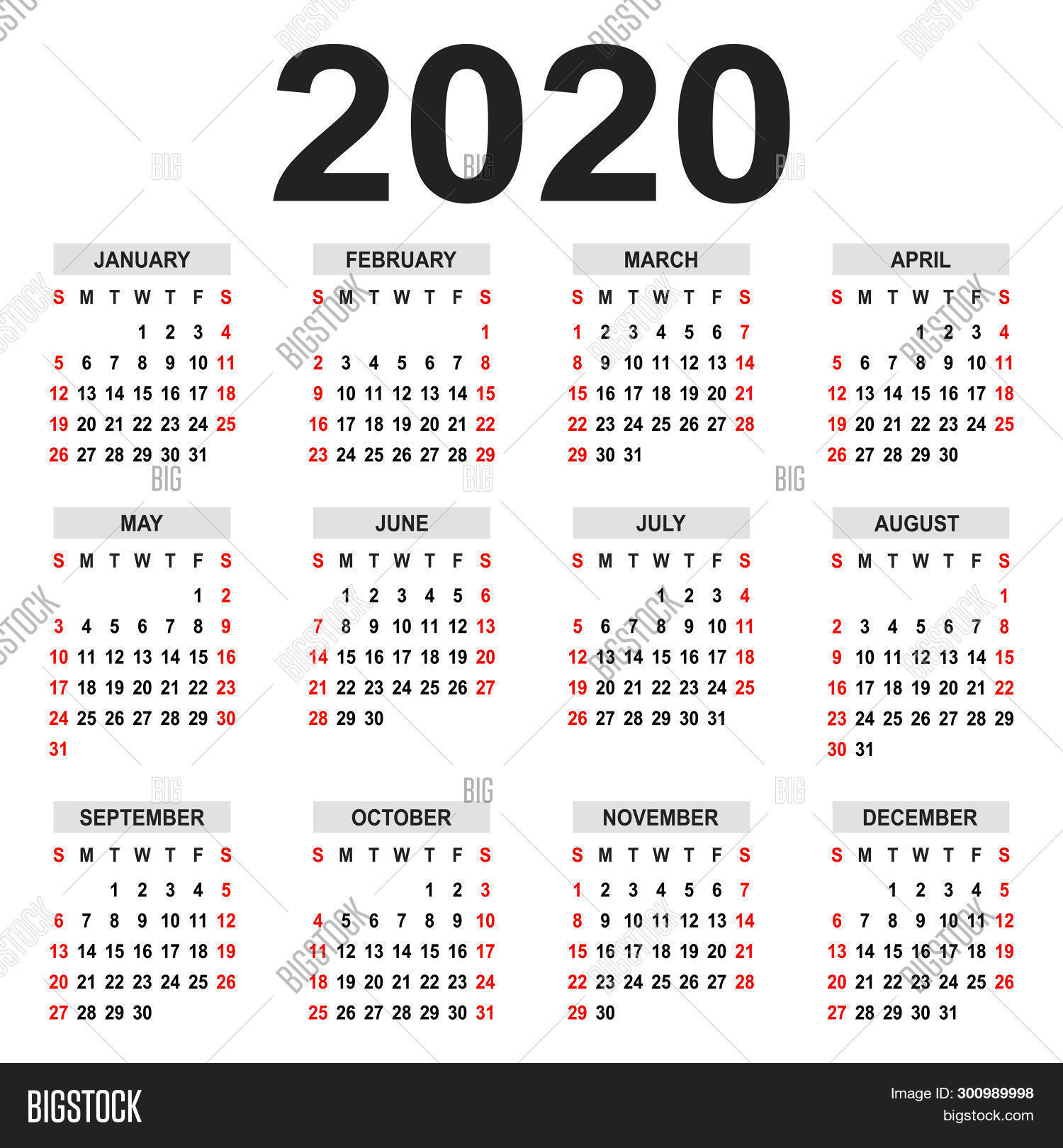 Calendar 2020. Week Vector & Photo (Free Trial) | Bigstock
