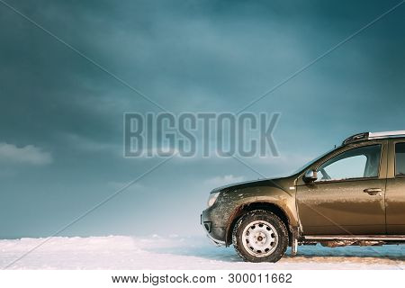 Gomel, Belarus - January 10, 2019: Car Renault Duster Or Dacia Duster Suv Parked On Roadside At Wint