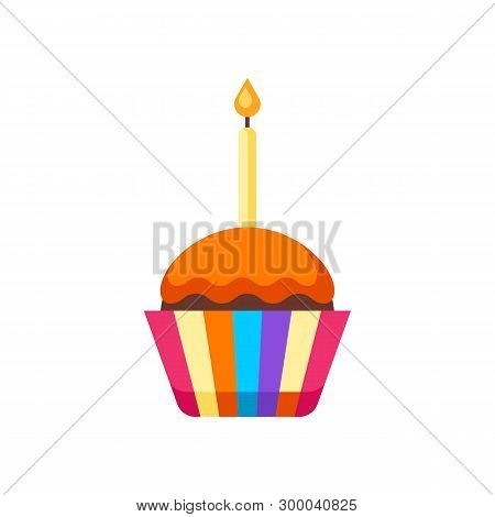 Happy Birthday Puncake With Candle. Festive Icon Or Illustration.