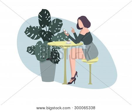 Beautiful Young Woman Sitting In A Cafe With A Phone And Drinking Coffee. Flat Vector Illustration.