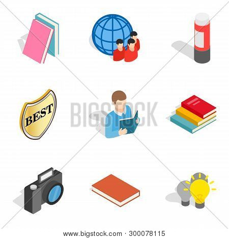 Book Icons Set. Isometric Set Of 9 Book Icons For Web Isolated On White Background