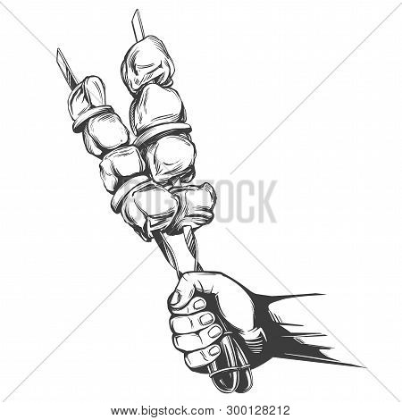 Kebab, Shashlik, Grilled On A Skewer, Hold In Hands, Food Meat, Hand Drawn Vector Illustration Reali