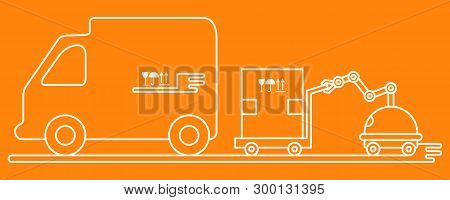 Vector Illustration With Robot Loader Loads Boxes Into A Truck. Automation Warehouse Processes. Smar