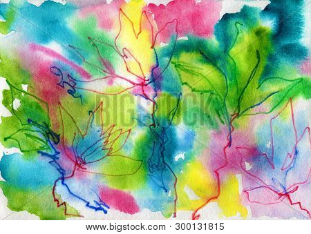 Abstract Pianting Of Herbs And Flowers. Spring Meadow. Emotional Painting. Watercolor Artwork. Water
