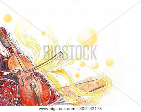 Cello Orchestra Musical Instrument Playing Cellist Musician. Hand Drawn Digital Illustration. Music 