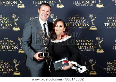 PASADENA - May 5: Alan Tacher and Maria Garcia-Marquez in the press room at the 46th Daytime Emmy Awards Gala at the Pasadena Civic Center on May 5, 2019 in Pasadena, California