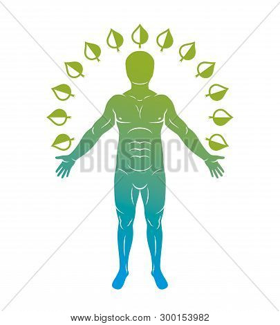 Vector Illustration Of Human Being Standing On White Background And Made Using Natural Green Leaves.