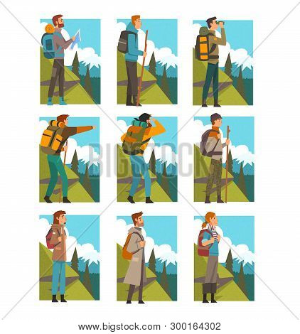 Tourists Hiking In Mountains With Backpacks Set, People In Summer Mountain Landscape, Outdoor Activi