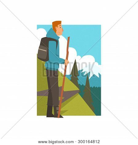 Man Hiking In Mountains With Backpack And Staff, Guy In Summer Mountain Landscape, Outdoor Activity,