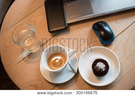 Hot Drink - Coffee Cup On Brown Old Wood Texture And Background With Copy Space.
