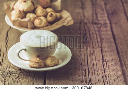 Cup Of Coffee And Homemade Coconut Cookies On Old Wooden Background Horizontal Copy Space Tasty Coco
