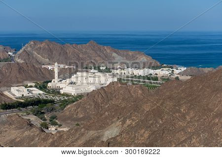 Al Bustan Palace Near Old Town, Muscat In Oman Looking Down From Mountains Panning Across The Specta