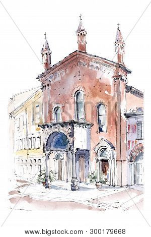 Brick Facade Of The Italian Church Basilica Di San Calimero In Milan, Italy. Hand Drawn Ink And Wate