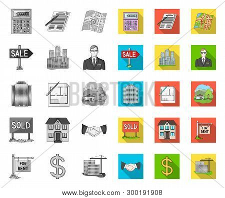 Realtor, Agency Mono, Flat Icons In Set Collection For Design. Buying And Selling Real Estate Vector