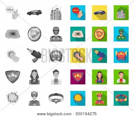 A Fantastic Superhero Mono, Flat Icons In Set Collection For Design. Superheros Equipment Vector Sym