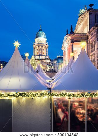 Chtristmas Market In Gandarmenmarkt In Berlin In The Evening