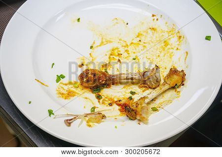 Chicken Bones Scraps On A White Plate