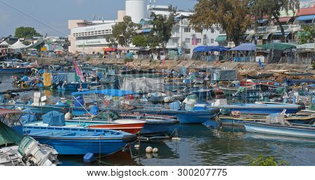 Cheung chau, Hong Kong, 24 April 2019: Crowded of small boat in the sea of Cheung chau island in the evening