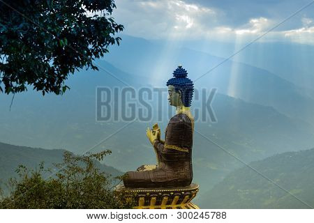 Sunrays Falling On Beautiful Huge Statue Of Lord Buddha, At Rabangla , Sikkim , India. Surrounded By