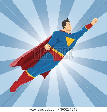 Flying Superhero With Clenched Fist And Red Cape
