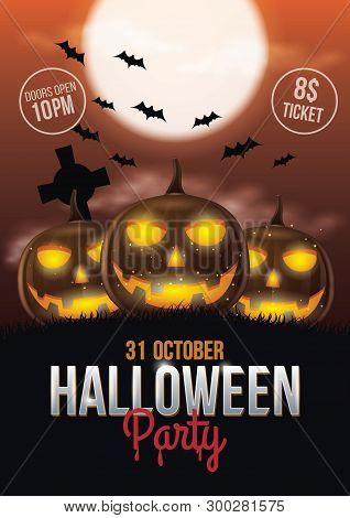 Halloween Party Flyer With Pumpkins And Full Moon Illustration
