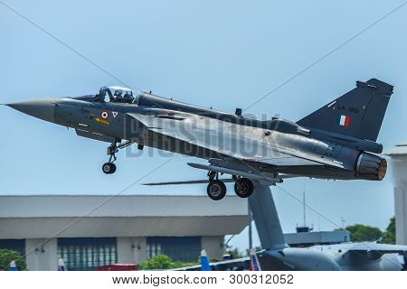 Langkawi, Malaysia - Mar 30, 2019. India Air Fore Hal Tejas Fighter Jet Taking Off From Langkawi Air