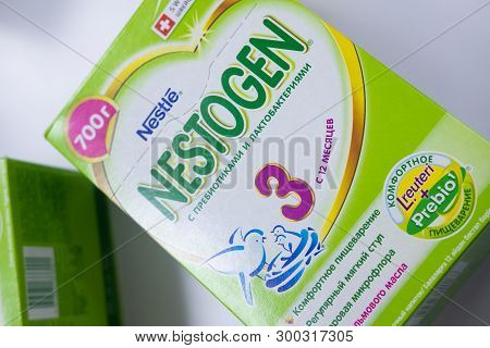 Sievierodonetsk, Ukraine - February 17, 2018: Baby Food Nestle Nestogen On White Background