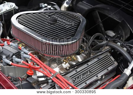 Vilnius, Lithuania - May 10: Vintage Sports Car Chevrolet Corvette C2 Engine On May 10, 2019 In Viln