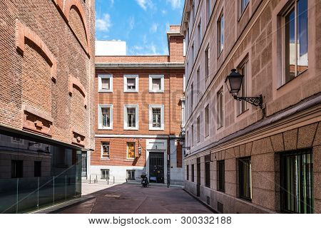 Madrid, Spain - May 2, 2019: Street In The Picturesque Quarter Of Las Letras. The Neighbourhood Is F
