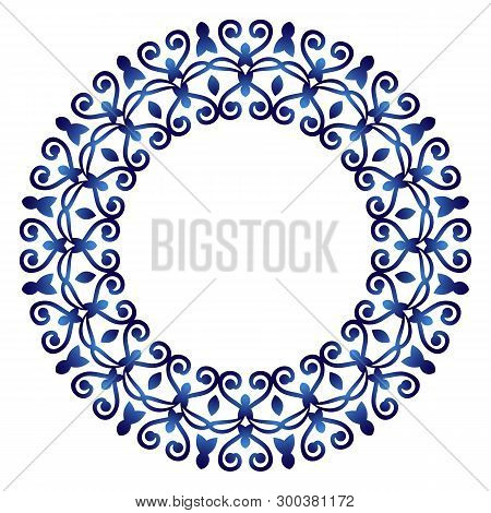 Ceramic Tile Pattern. Decorative Round Ornament. White Background With Art Frame. Islamic, Indian, A